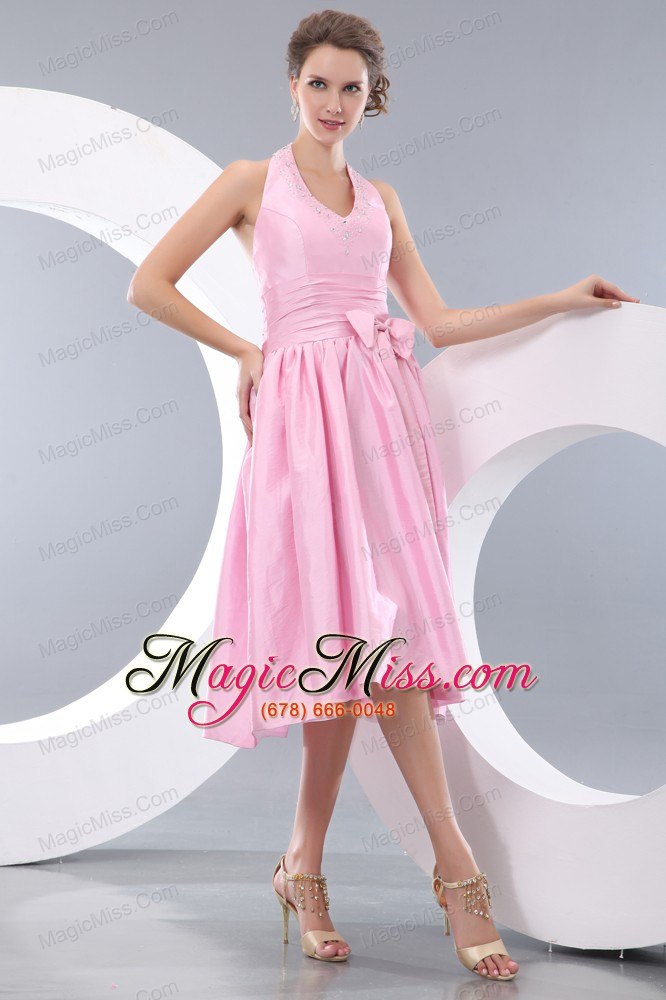 wholesale pink empire halter tea-length taffeta beading and bowknot prom / homecoming dress