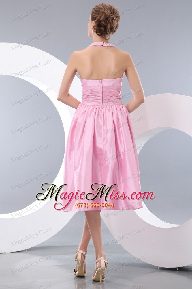 wholesale pink empire halter tea-length taffeta beading and bowknot prom / homecoming dress