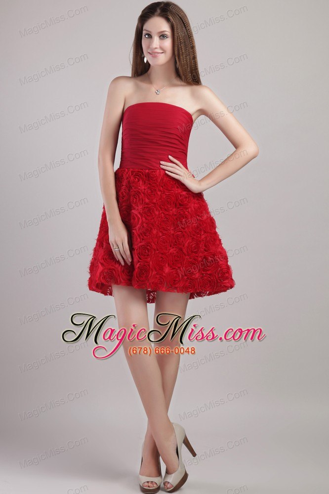 wholesale wine red a-line strapless mini-length rolling flowers prom / cocktail dress