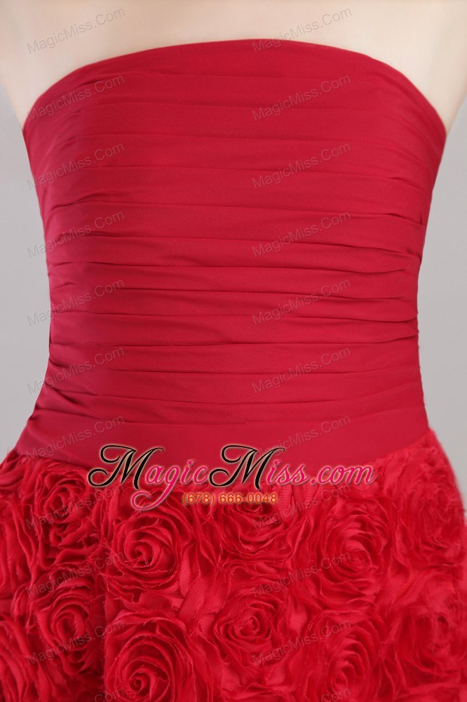 wholesale wine red a-line strapless mini-length rolling flowers prom / cocktail dress