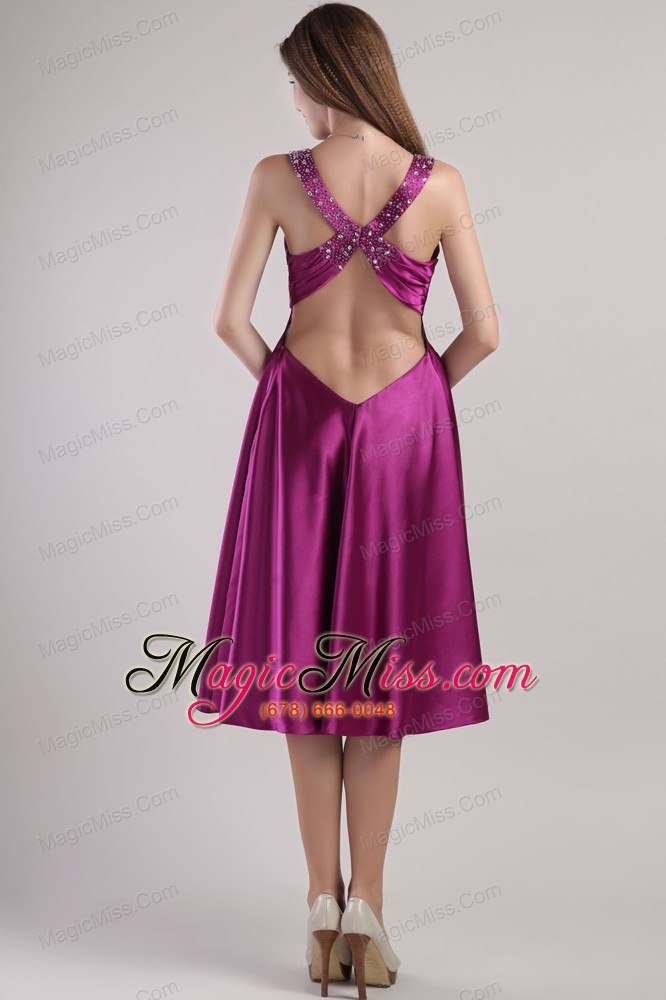wholesale fuchsia empire v-neck ankle-length elastic woven satin beading prom / pageant dress
