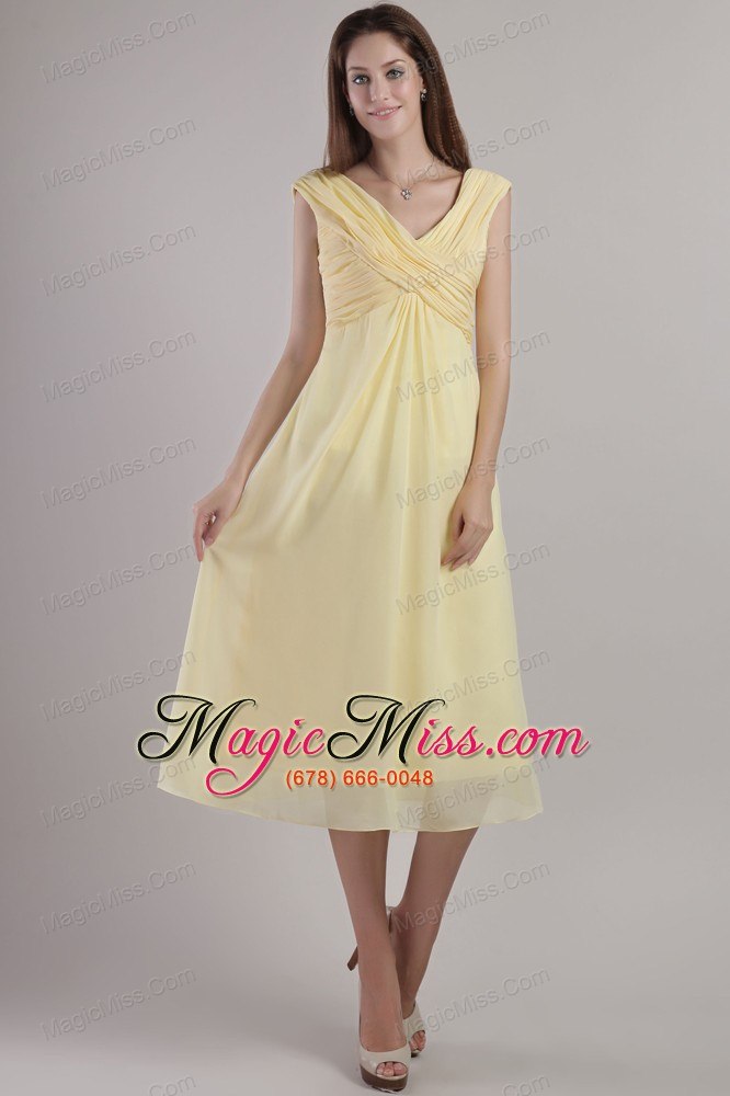 wholesale light yellow empire v-neck ankle-length chiffon prom dress