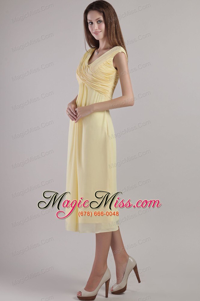 wholesale light yellow empire v-neck ankle-length chiffon prom dress