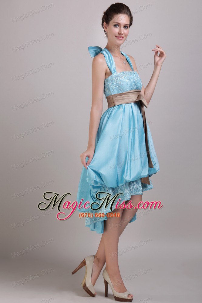 wholesale aqua blue a-line / princess halter high-low taffeta appliques and bowknot prom / homecoming dress