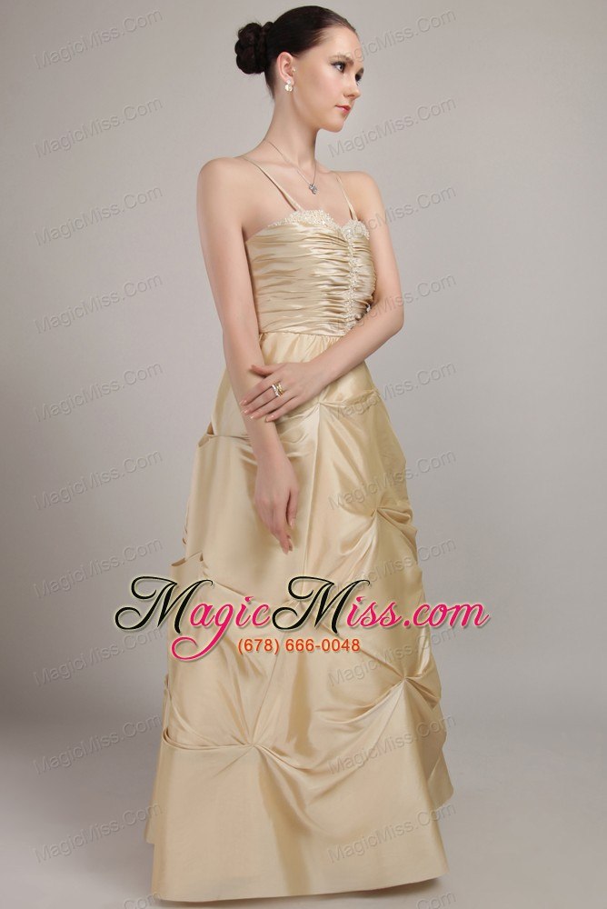 wholesale champagne column spaghetti straps floor-length taffeta beading and ruch prom dress