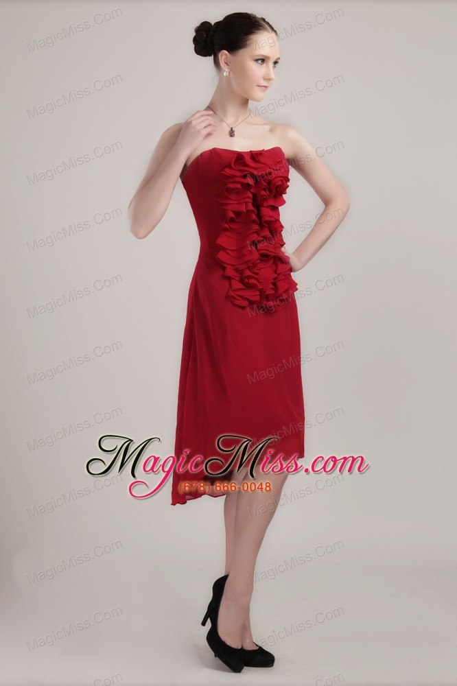 wholesale wine red column / sheath strapless asymmetrical chiffon prom dress