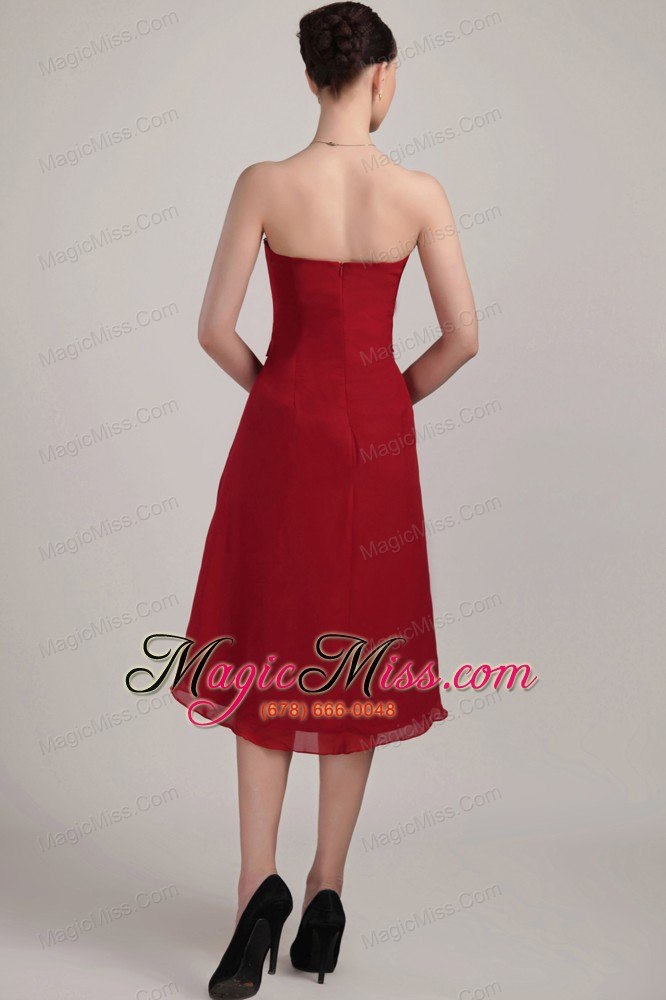 wholesale wine red column / sheath strapless asymmetrical chiffon prom dress