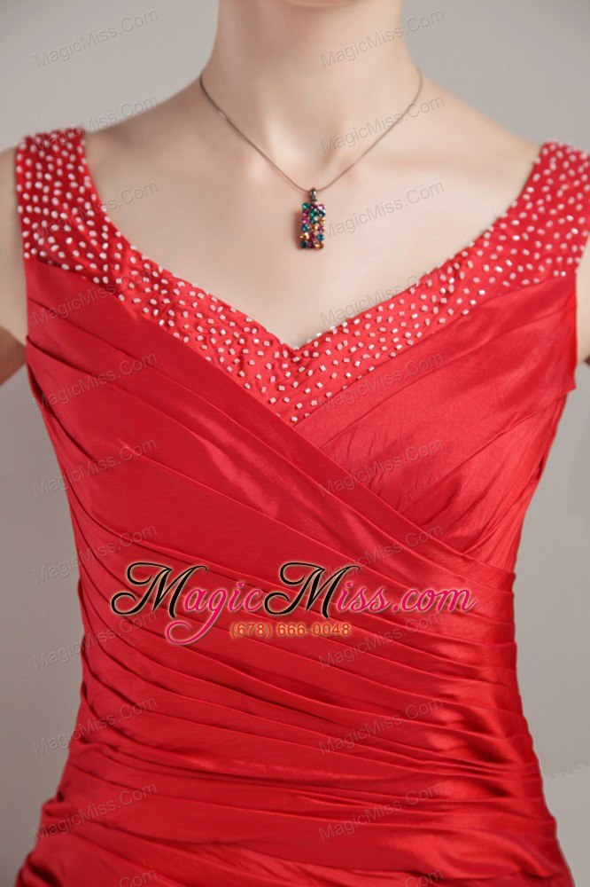 wholesale red column / sheath v-neck tea-length taffeta prom dress