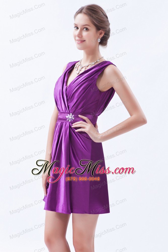 wholesale eggplant purple column / sheath v-neck prom / evening dress taffeta beading mini-length