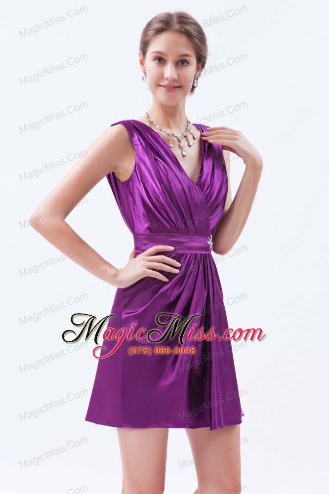 wholesale eggplant purple column / sheath v-neck prom / evening dress taffeta beading mini-length