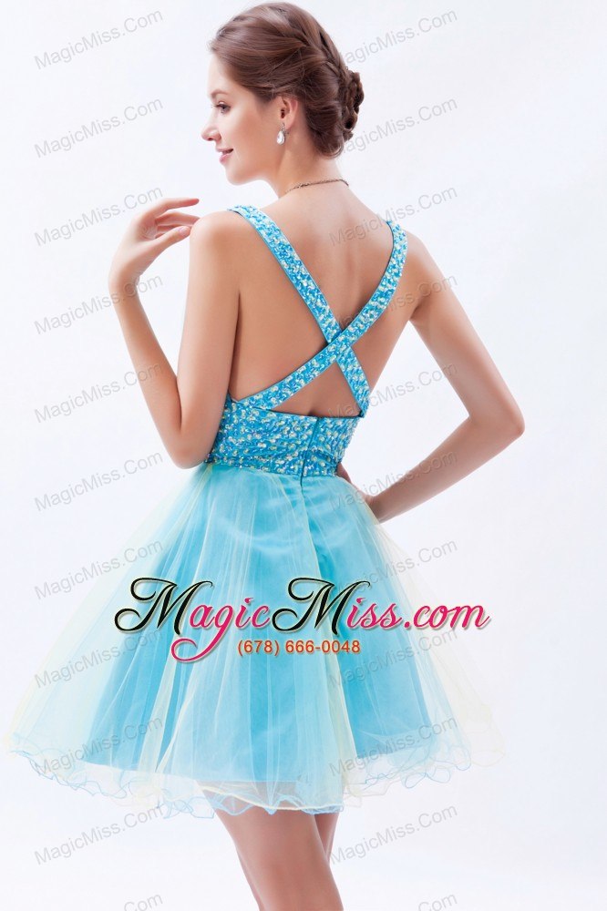 wholesale blue a-line / princess v-neck prom / evening / homecoming / cocktail dress organza sequins mini-length