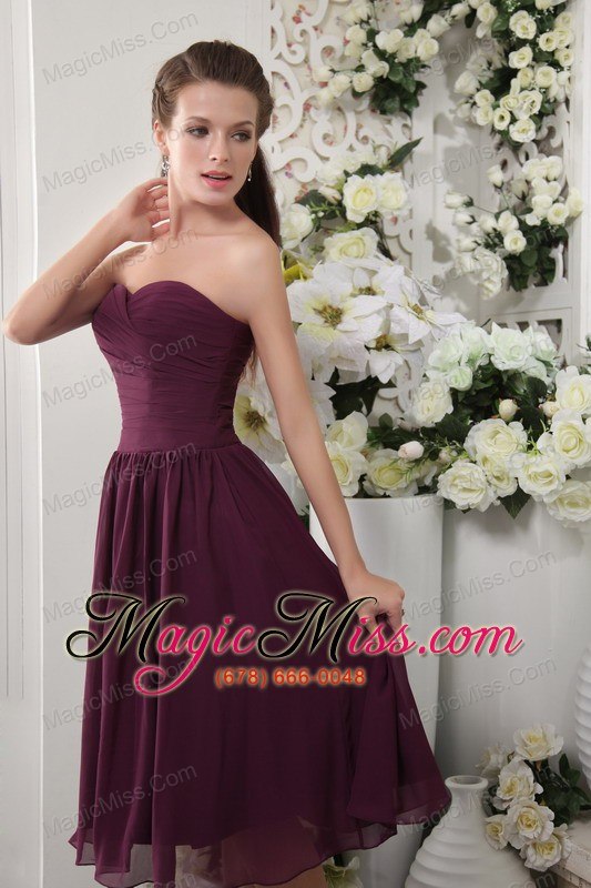 wholesale dark purple empire sweetheart tea-length chiffon pleat prom dress