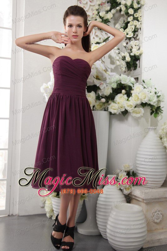 wholesale dark purple empire sweetheart tea-length chiffon pleat prom dress