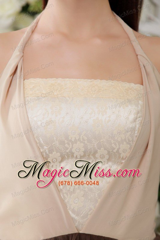 wholesale brown empire halter tea-length tulle lace bridesmaid dress