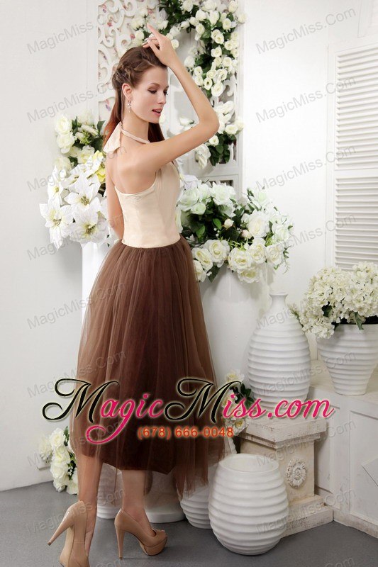 wholesale brown empire halter tea-length tulle lace bridesmaid dress