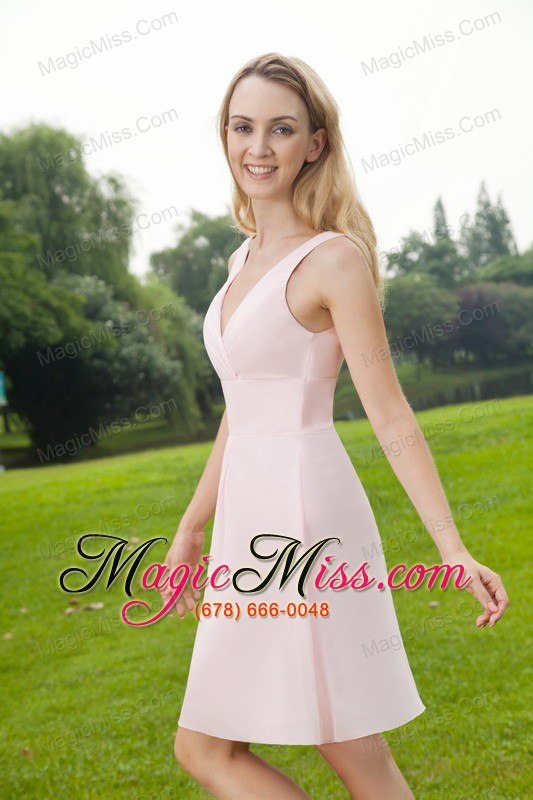 wholesale pink empire v-neck mini-length chiffon ruch bridesmaid dress