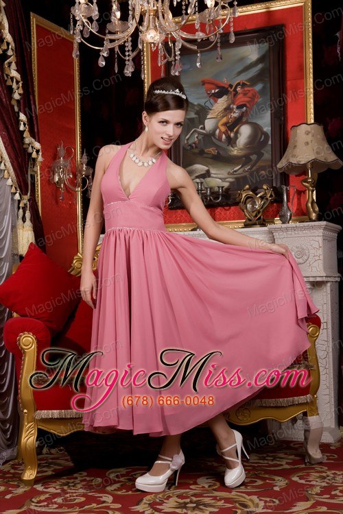 wholesale light pink a-line / pricess halter tea-length chiffon beading prom / homecoming dress