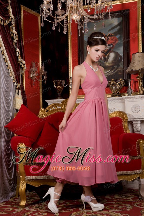wholesale light pink a-line / pricess halter tea-length chiffon beading prom / homecoming dress