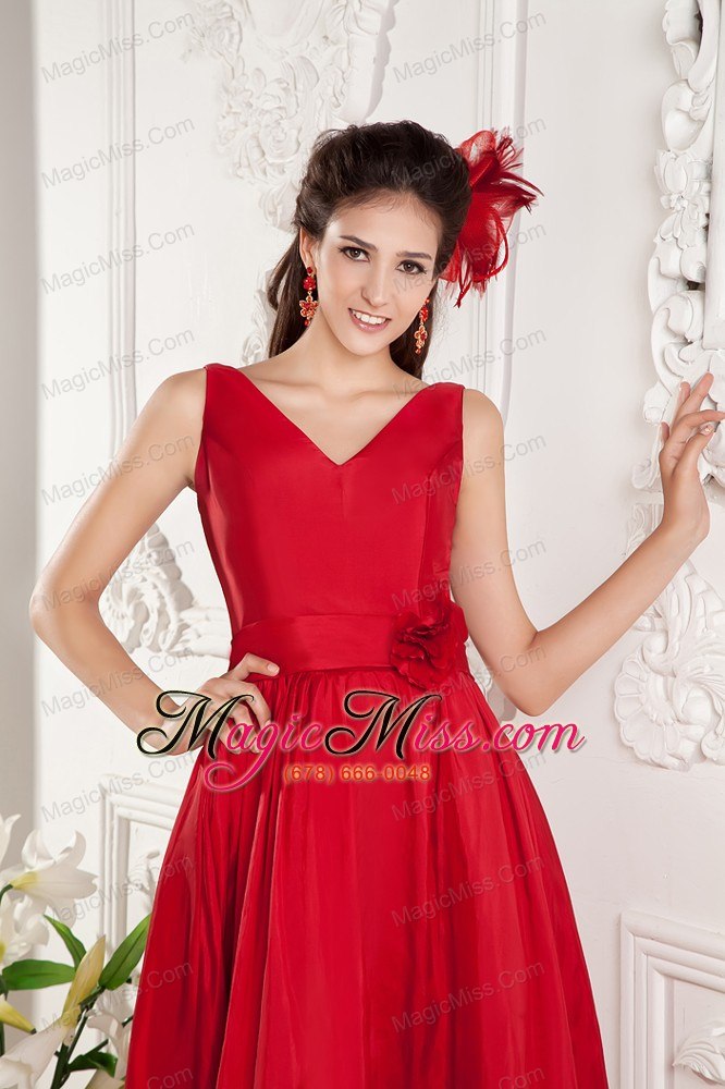 wholesale red prom dress under 100 a-line v-neck knee-length taffeta hand made flowers