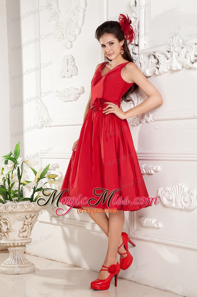 wholesale red prom dress under 100 a-line v-neck knee-length taffeta hand made flowers
