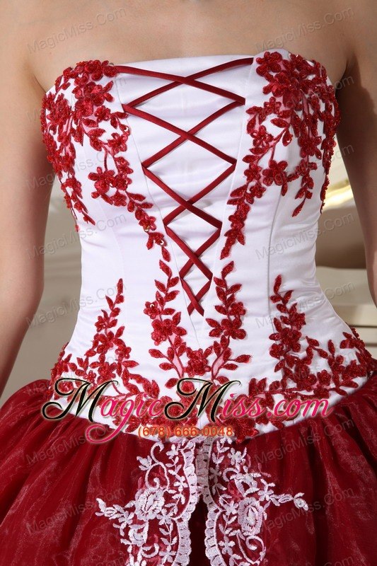 wholesale wine red and white ball gown strapless floor-length organza appliques quinceanera dress