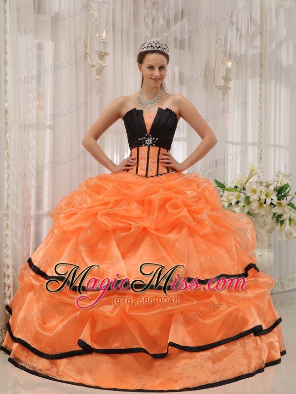 wholesale orange and black ball gown strapless floor-length satin and organza beading quinceanera dress
