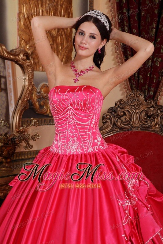 wholesale coral red ball gown strapless floor-length satin and taffeta embroidery quinceanera dress