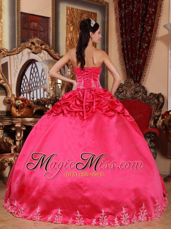 wholesale coral red ball gown strapless floor-length satin and taffeta embroidery quinceanera dress