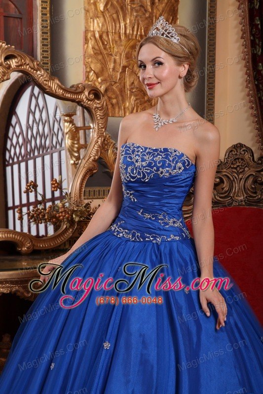 wholesale blue ball gown strapless floor-length taffeta and tulle appliques quinceanera dress