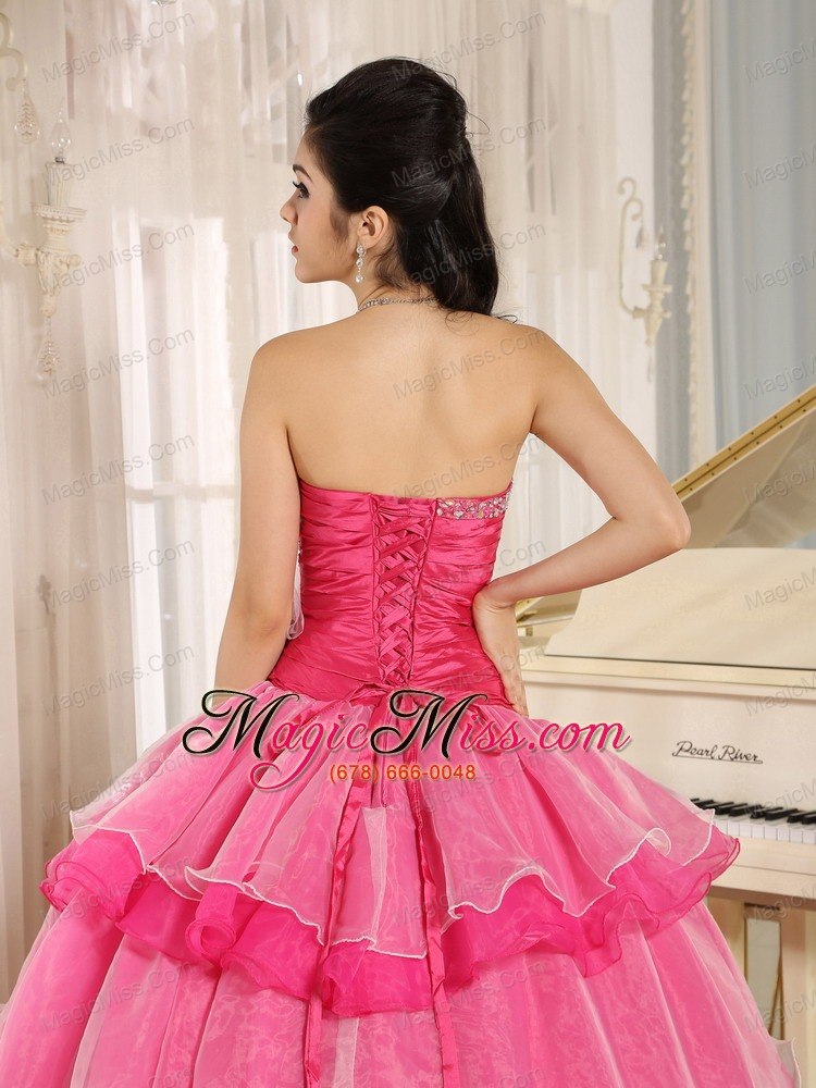 wholesale hot pink sweetheart beaded decorate and ruch bodice ruffled layeres rosario quinceanera dress in 2013