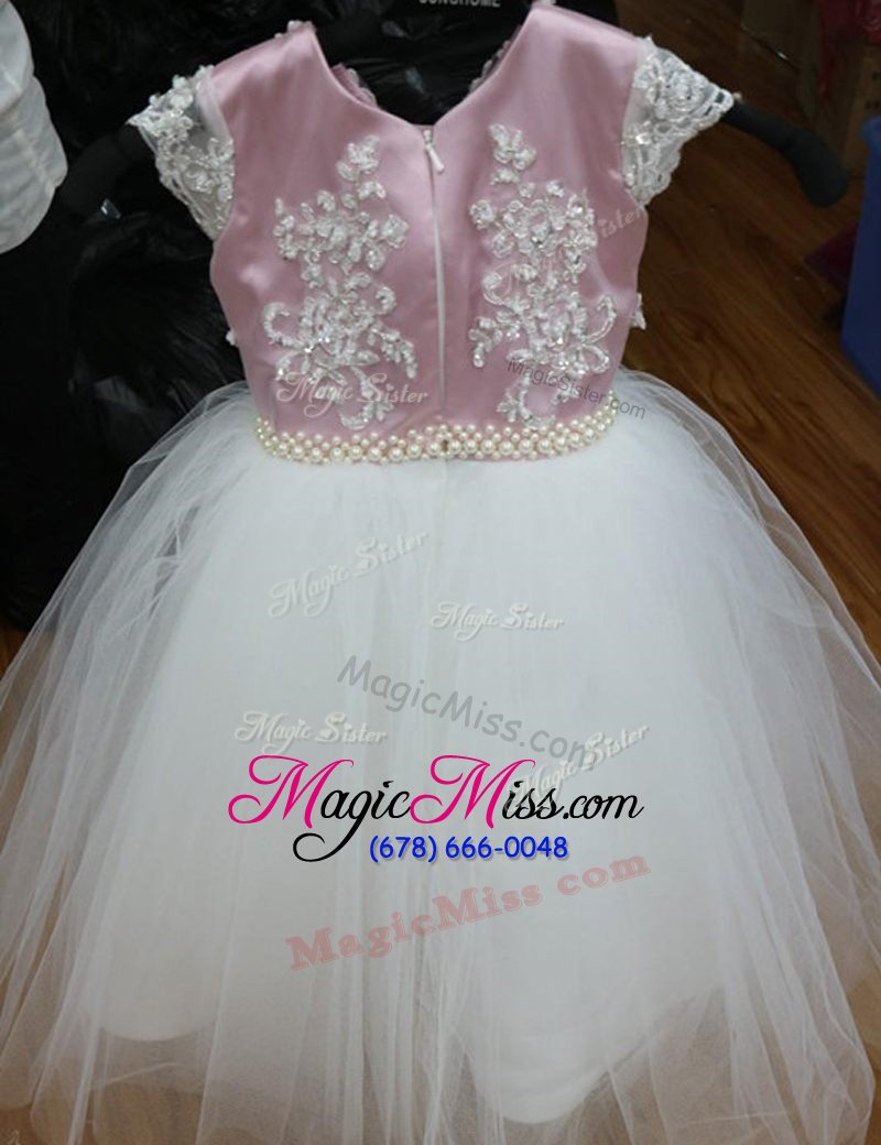 wholesale fine scoop cap sleeves tulle ankle length zipper flower girl dress in white and lilac for with beading