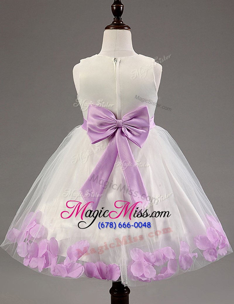 wholesale best sleeveless tulle knee length zipper flower girl dresses for less in white and lavender for with beading and hand made flower