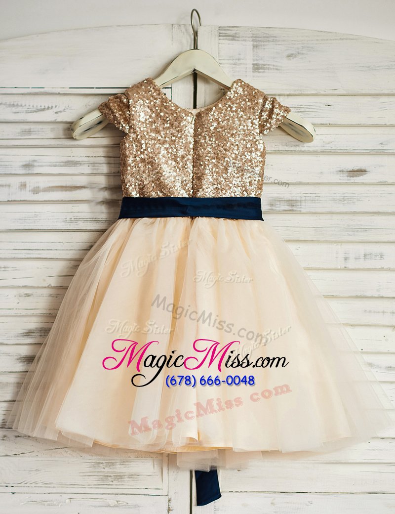 wholesale low price scoop sleeveless flower girl dresses for less mini length sashes|ribbons and sequins champagne tulle