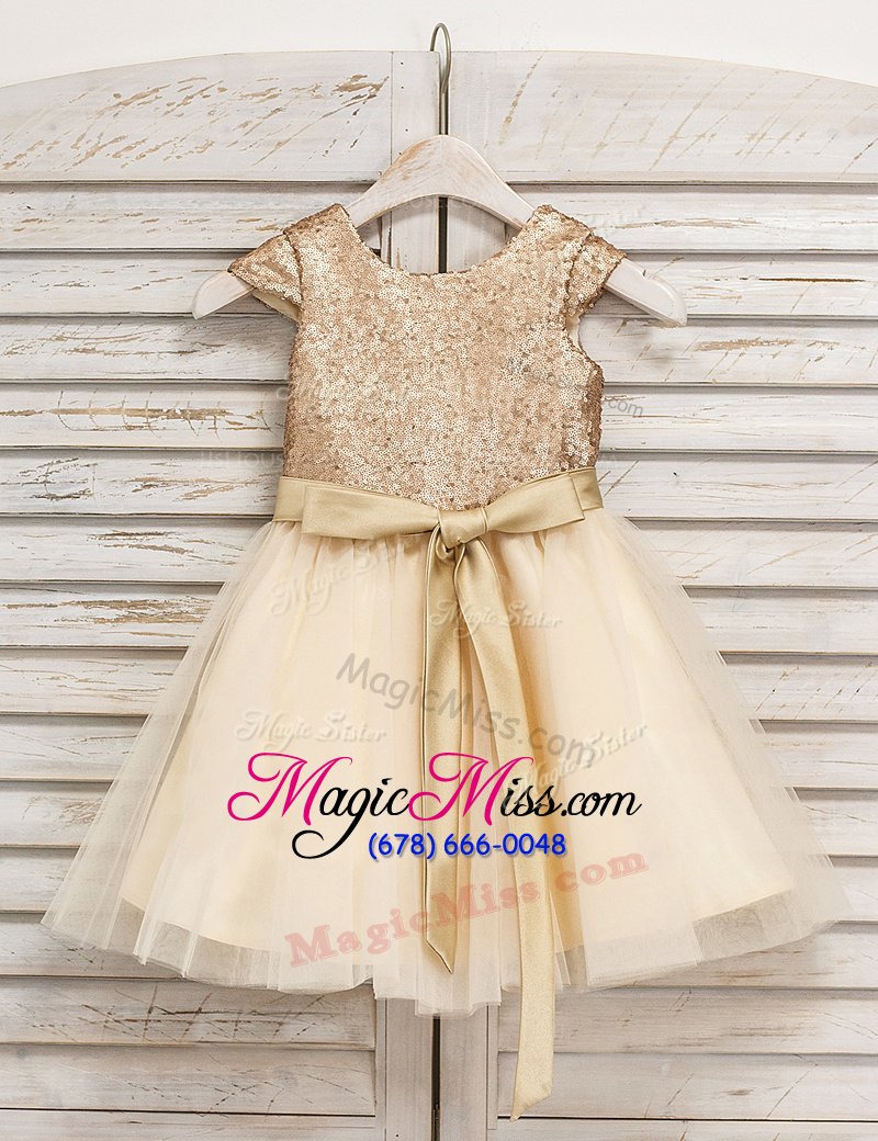wholesale low price scoop sleeveless flower girl dresses for less mini length sashes|ribbons and sequins champagne tulle