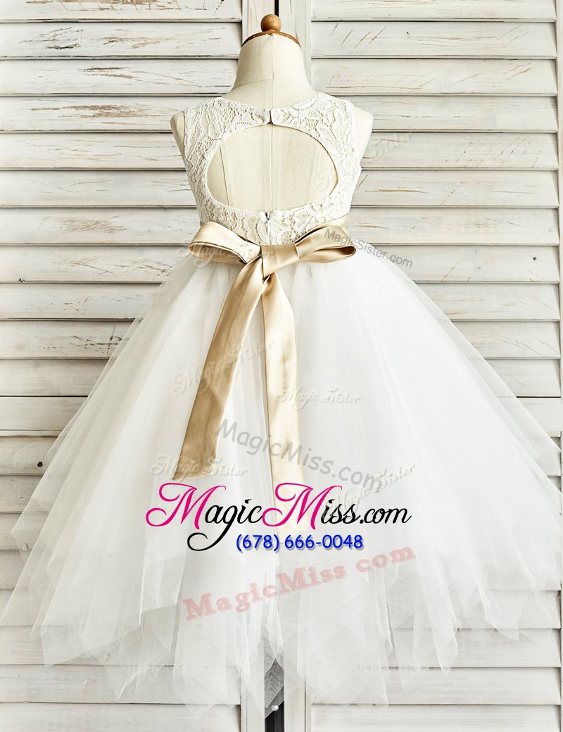 wholesale artistic scoop sleeveless tulle flower girl dress lace and ruffled layers and sashes|ribbons zipper