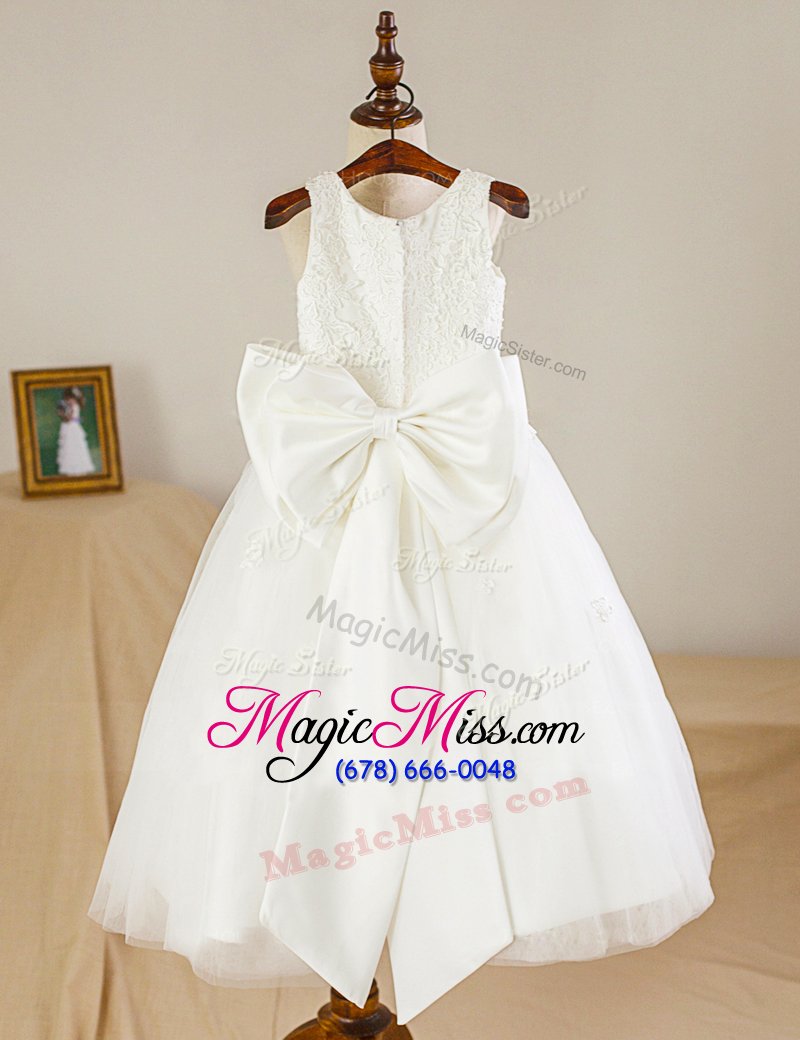 wholesale custom made scoop white sleeveless lace and bowknot floor length flower girl dresses