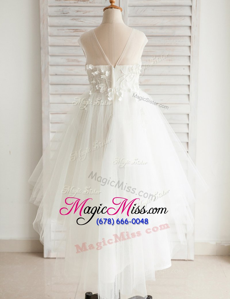 wholesale eye-catching scoop white cap sleeves high low appliques zipper flower girl dresses