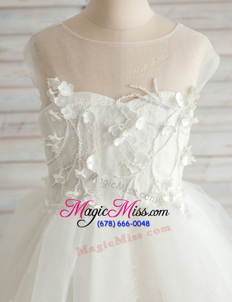 wholesale eye-catching scoop white cap sleeves high low appliques zipper flower girl dresses