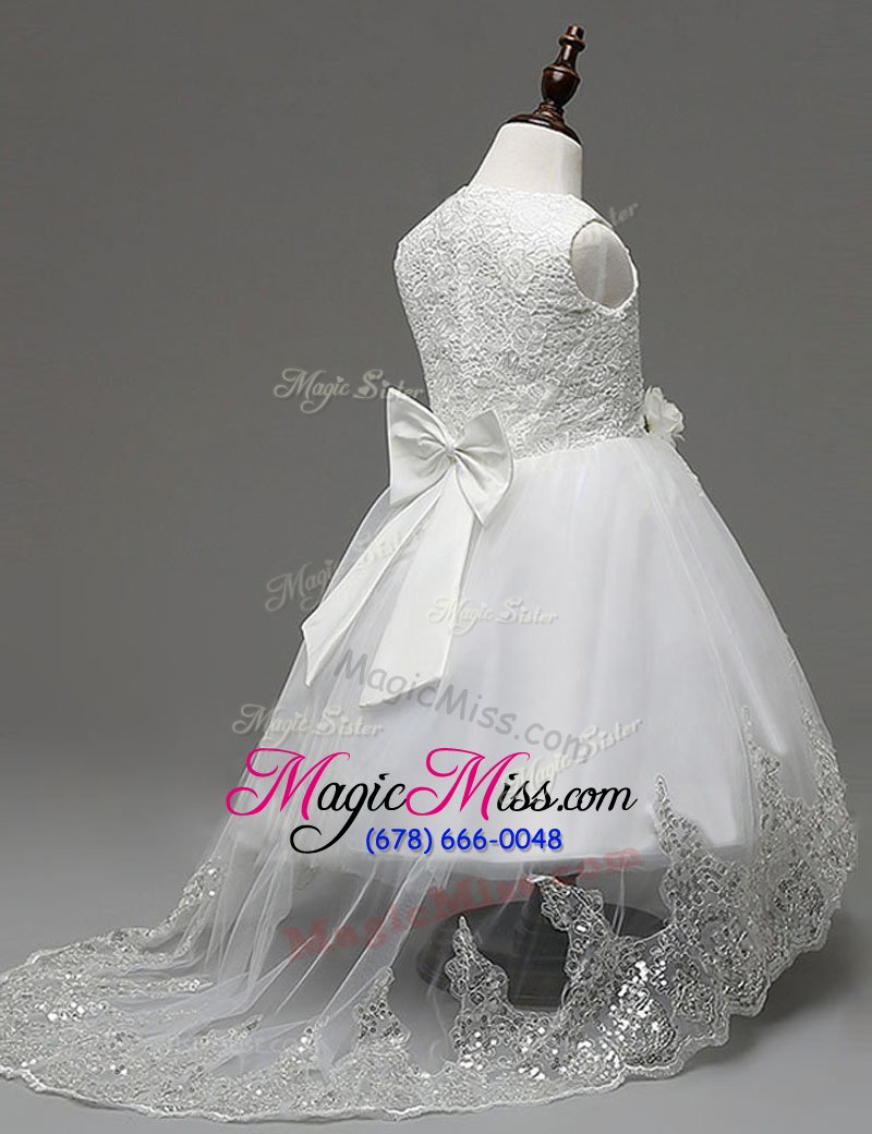 wholesale captivating white zipper scoop lace and appliques and bowknot flower girl dresses organza sleeveless brush train