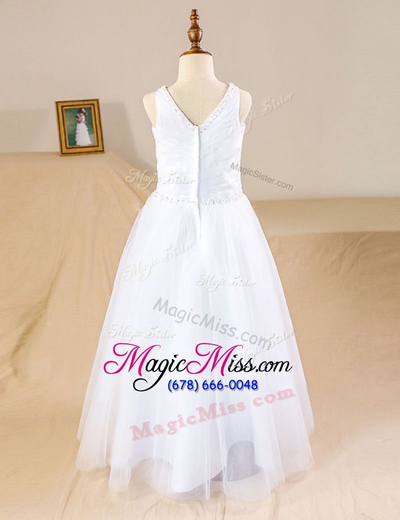 wholesale elegant floor length white flower girl dresses tulle sleeveless beading