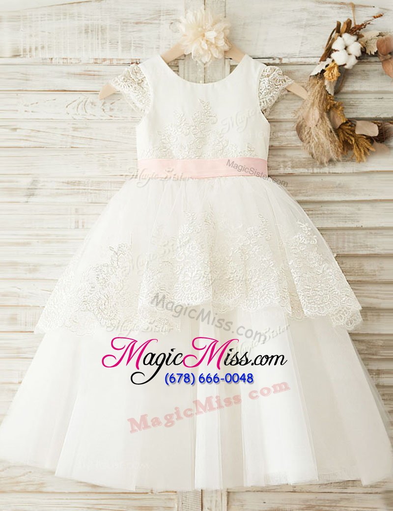 wholesale trendy scoop cap sleeves organza floor length zipper flower girl dresses for less in white for with lace and bowknot