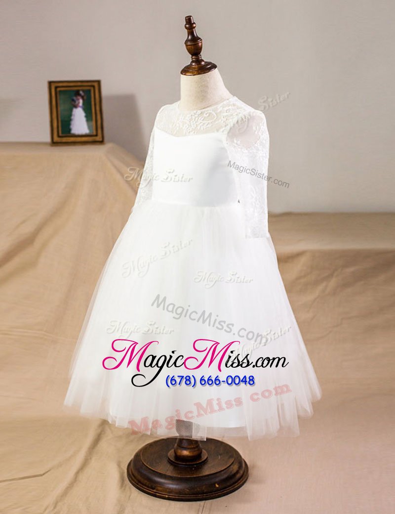 wholesale dazzling tulle scoop half sleeves clasp handle lace flower girl dresses in white