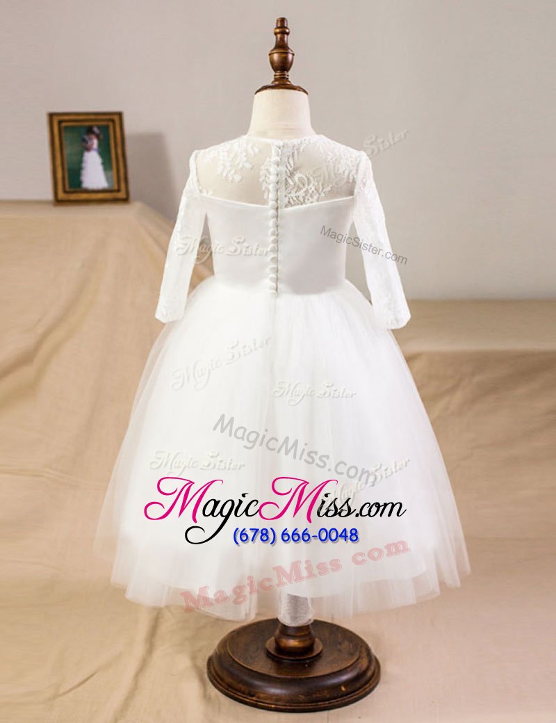 wholesale dazzling tulle scoop half sleeves clasp handle lace flower girl dresses in white