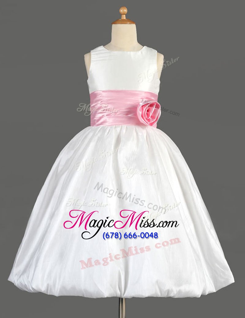 wholesale free and easy scoop sleeveless flower girl dresses floor length bowknot and hand made flower white taffeta