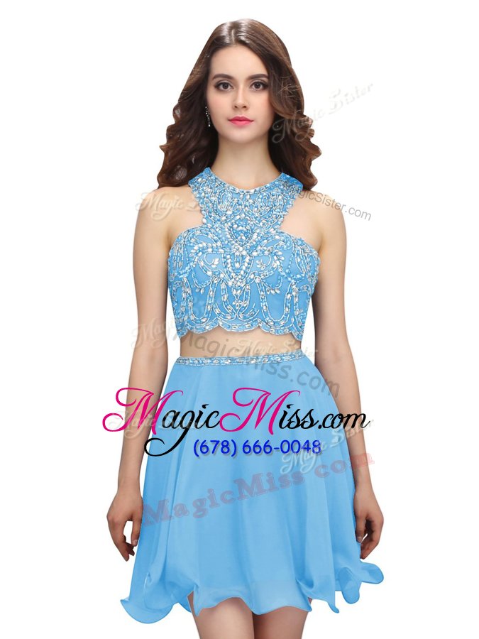 wholesale custom fit scoop sleeveless chiffon mini length zipper prom party dress in blue for with beading