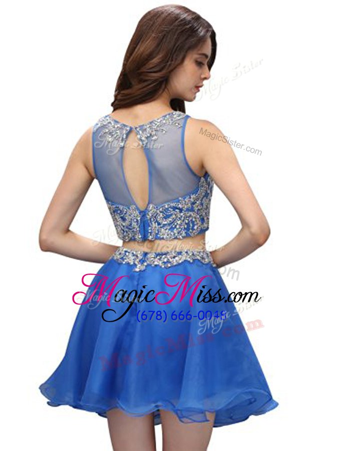 wholesale most popular scoop blue organza zipper prom evening gown sleeveless mini length beading