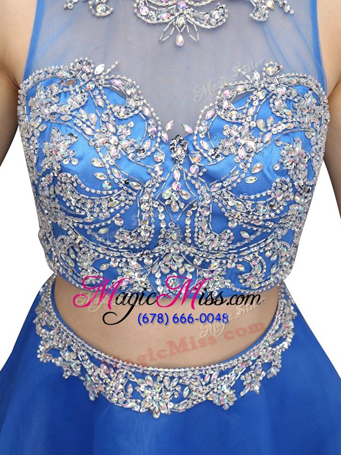 wholesale most popular scoop blue organza zipper prom evening gown sleeveless mini length beading