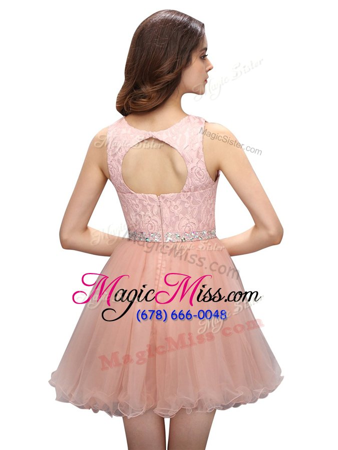 wholesale exquisite scoop mini length baby pink prom evening gown organza sleeveless beading and lace