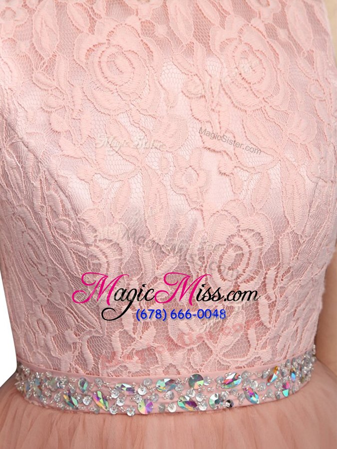 wholesale exquisite scoop mini length baby pink prom evening gown organza sleeveless beading and lace