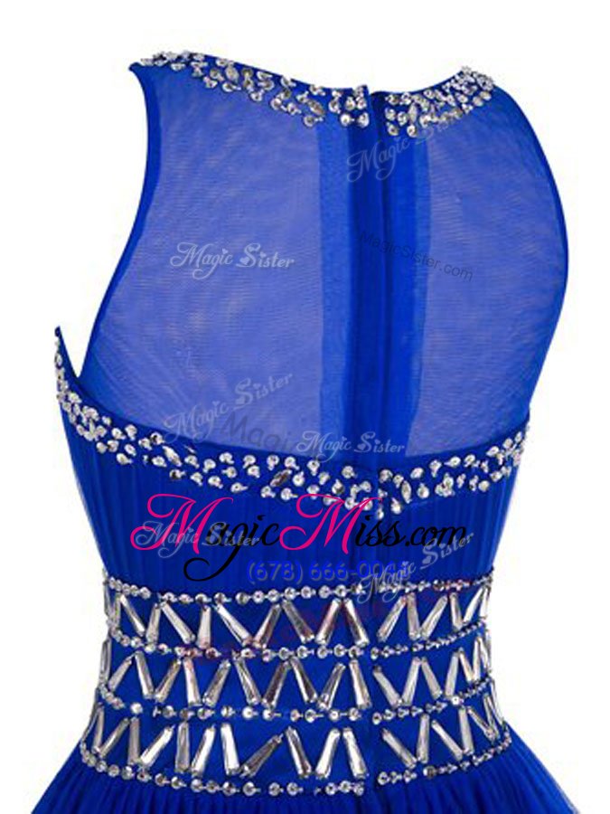 wholesale eye-catching scoop royal blue column/sheath beading prom party dress zipper tulle sleeveless knee length